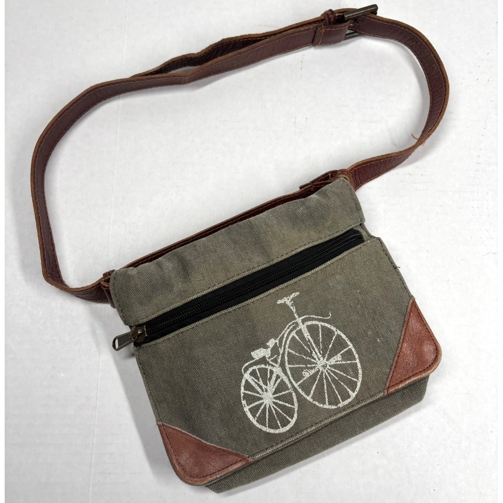 Mona B Canvas‎ Bicycle Fanny Belt Bag Olive Leather Penny Farthing Traveler EUC